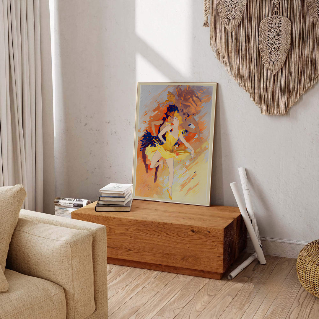 Parisian fine art poster print La Danse by artist Jules Chéret displaying fluid motion and dancer silhouettes in Paris France. MapYourDreams provides premium framed, unframed, and canvas prints.