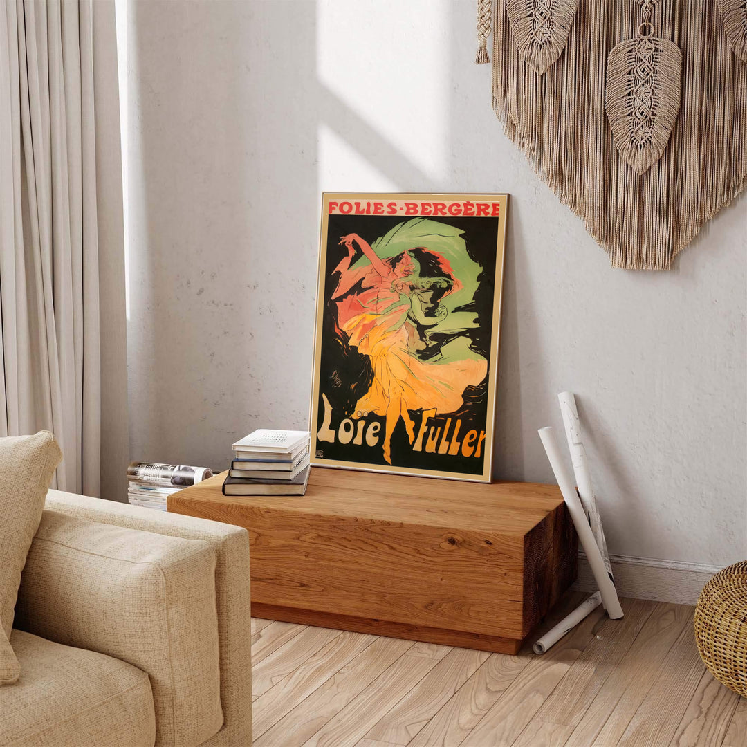French vintage cabaret wall decor Loïe Fuller Folies Bergère poster by artist Jules Chéret inspired by historic travel art in Paris France. Explore ready-to-hang framed, unframed paper, and gallery canvas wall decor at MapYourDreams.