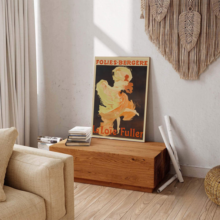French vintage cabaret wall decor La Loïe Fuller Folies Bergère poster by artist Jules Chéret inspired by historic travel art in Paris France. Explore ready-to-hang framed, unframed paper, and gallery canvas wall decor at MapYourDreams.