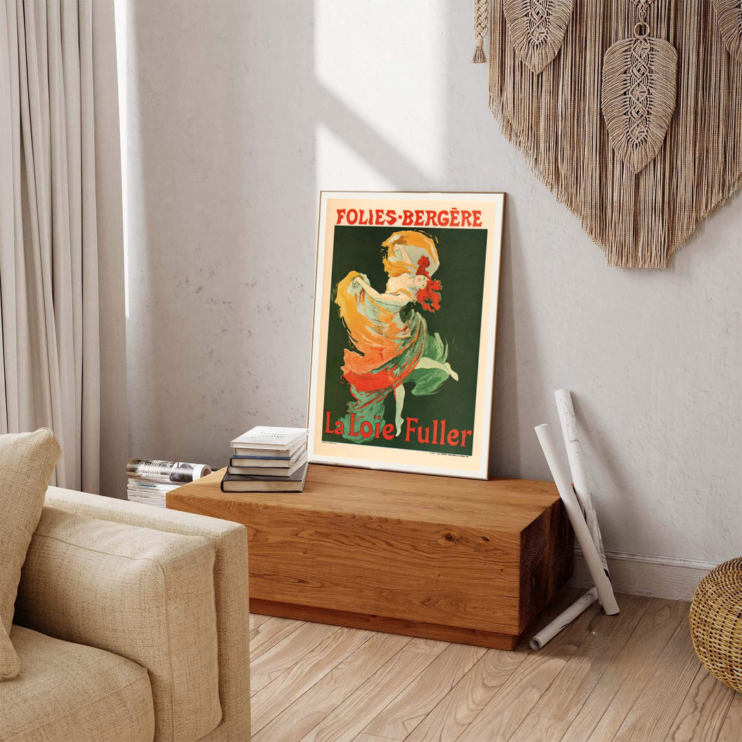 French vintage cabaret wall decor Folies Bergère La Loïe Fuller poster by artist Jules Chéret inspired by historic travel art in Paris France. Explore ready-to-hang framed, unframed paper, and gallery canvas wall decor at MapYourDreams.
