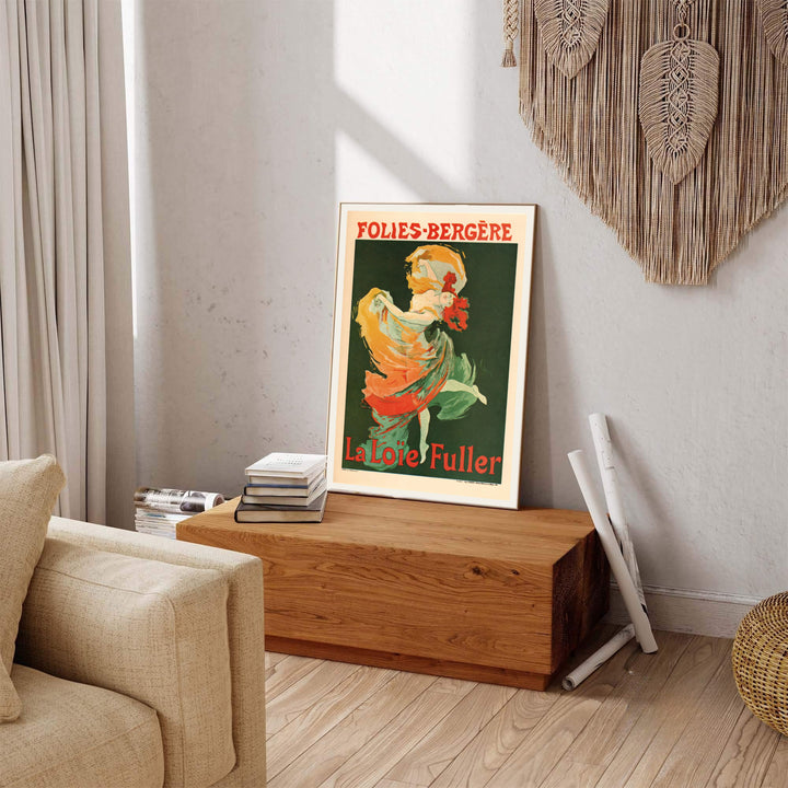 French vintage cabaret wall decor Folies Bergère La Loïe Fuller poster by artist Jules Chéret inspired by historic travel art in Paris France. Explore ready-to-hang framed, unframed paper, and gallery canvas wall decor at MapYourDreams.
