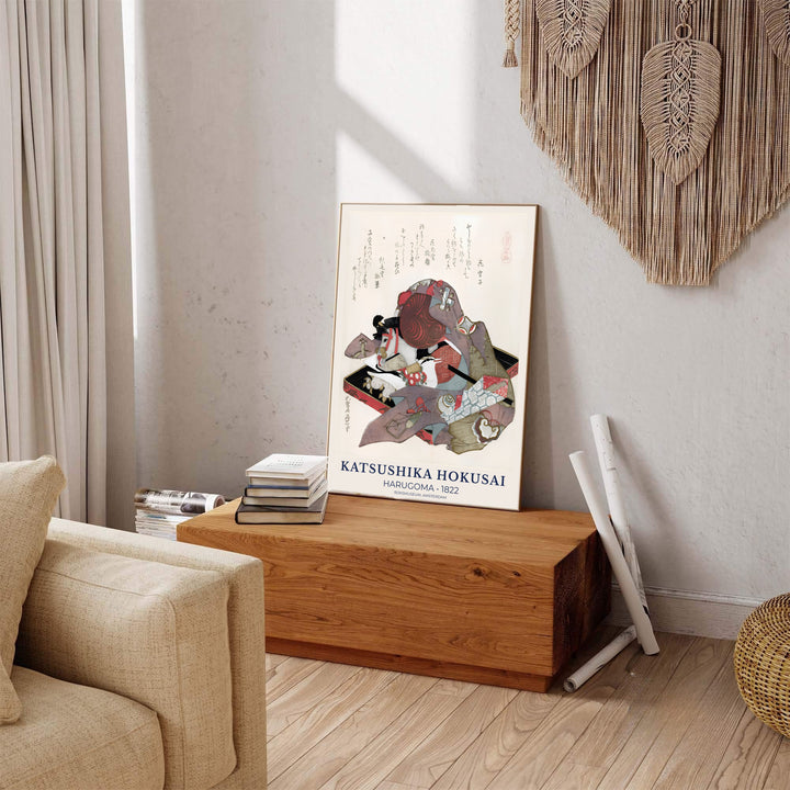 Traditional Japanese woodblock Surimono print by artist Katsushika Hokusai displaying rich bronze and purple tones from Amsterdam art archives. MapYourDreams provides premium framed, unframed, and canvas prints.