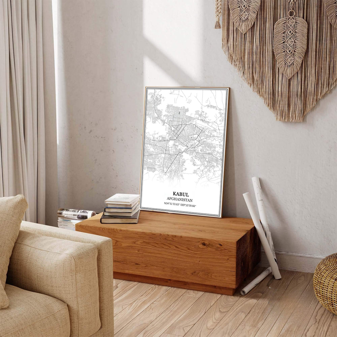 Black and white geographic cartography print of Kabul Afghanistan featuring detailed urban road grids and clean borders, crafted by MapYourDreams as an unframed poster, gallery wrapped canvas print, or custom framed print in retro black and retro white frames for hallway display.