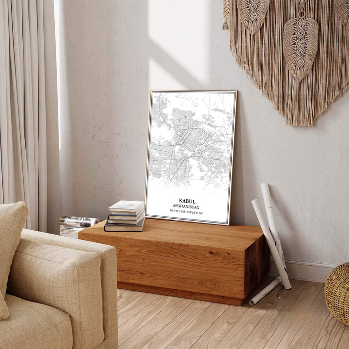 Black and white geographic cartography print of Kabul Afghanistan featuring detailed urban road grids and clean borders, crafted by MapYourDreams as an unframed poster, gallery wrapped canvas print, or custom framed print in retro black and retro white frames for hallway display.