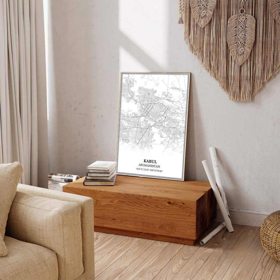 Black and white geographic cartography print of Kabul Afghanistan featuring detailed urban road grids and clean borders, crafted by MapYourDreams as an unframed poster, gallery wrapped canvas print, or custom framed print in retro black and retro white frames for hallway display.