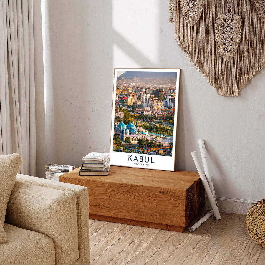 Travel landscape print of Kabul Afghanistan featuring the famous Blue Mosque nestled within dense city buildings, crafted by MapYourDreams as an unframed poster, gallery wrapped canvas print, or custom framed print in retro black and retro white frames for modern lounge areas.