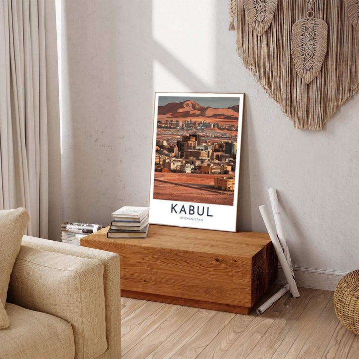 Minimalist architectural art print of Kabul Afghanistan displaying dense urban housing and mountain terrain, supplied by MapYourDreams as an unframed paper print, gallery canvas print, or custom framed wall art in retro white frames for contemporary home office interiors.