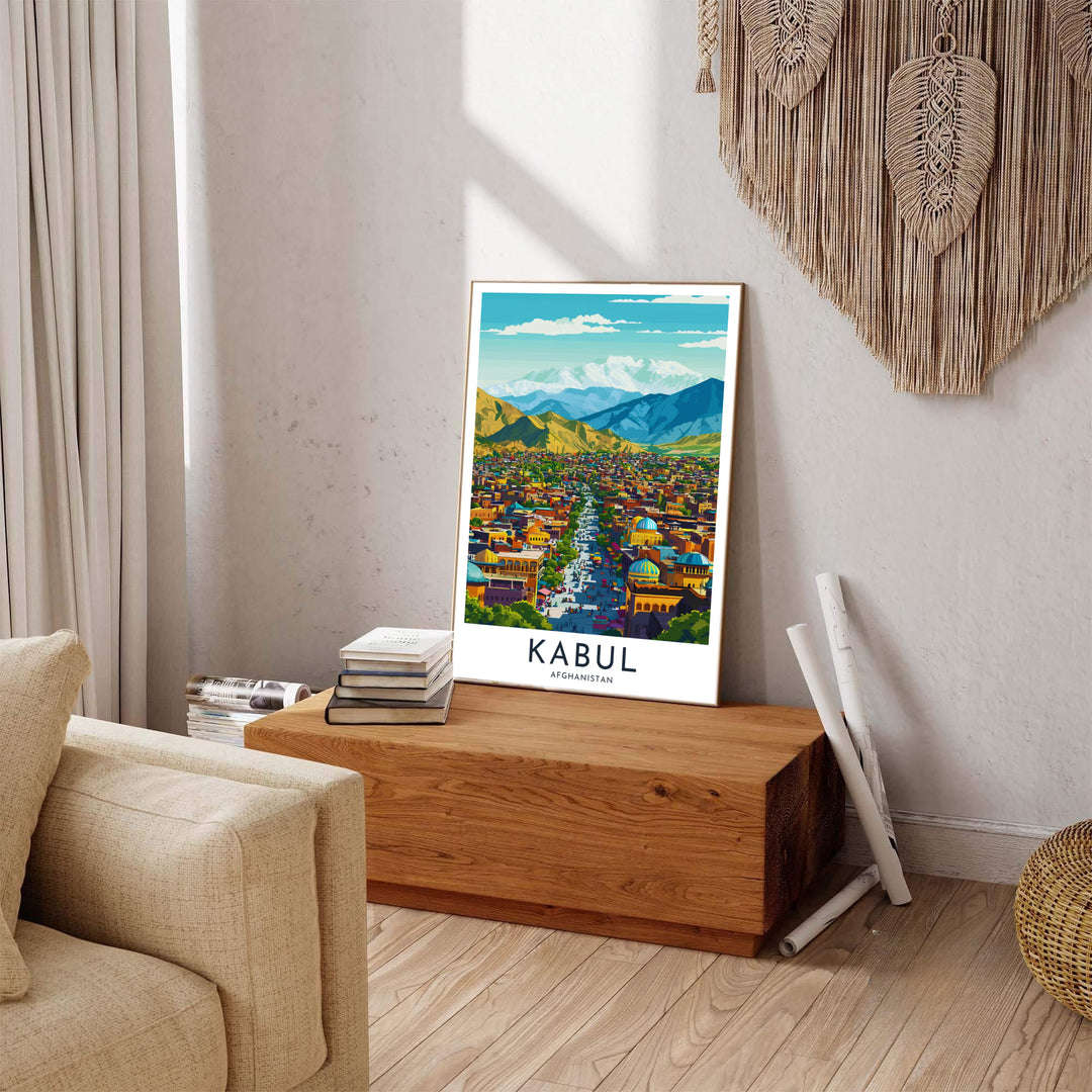 Vintage exhibition style poster of Kabul Afghanistan featuring city buildings nestled against majestic snowy Hindu Kush mountains, crafted by MapYourDreams as an unframed poster, gallery wrapped canvas print, or custom framed print in retro black and retro white frames for lounge areas.