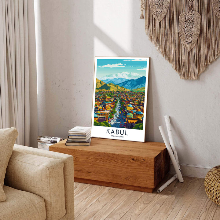 Vintage exhibition style poster of Kabul Afghanistan featuring city buildings nestled against majestic snowy Hindu Kush mountains, crafted by MapYourDreams as an unframed poster, gallery wrapped canvas print, or custom framed print in retro black and retro white frames for lounge areas.