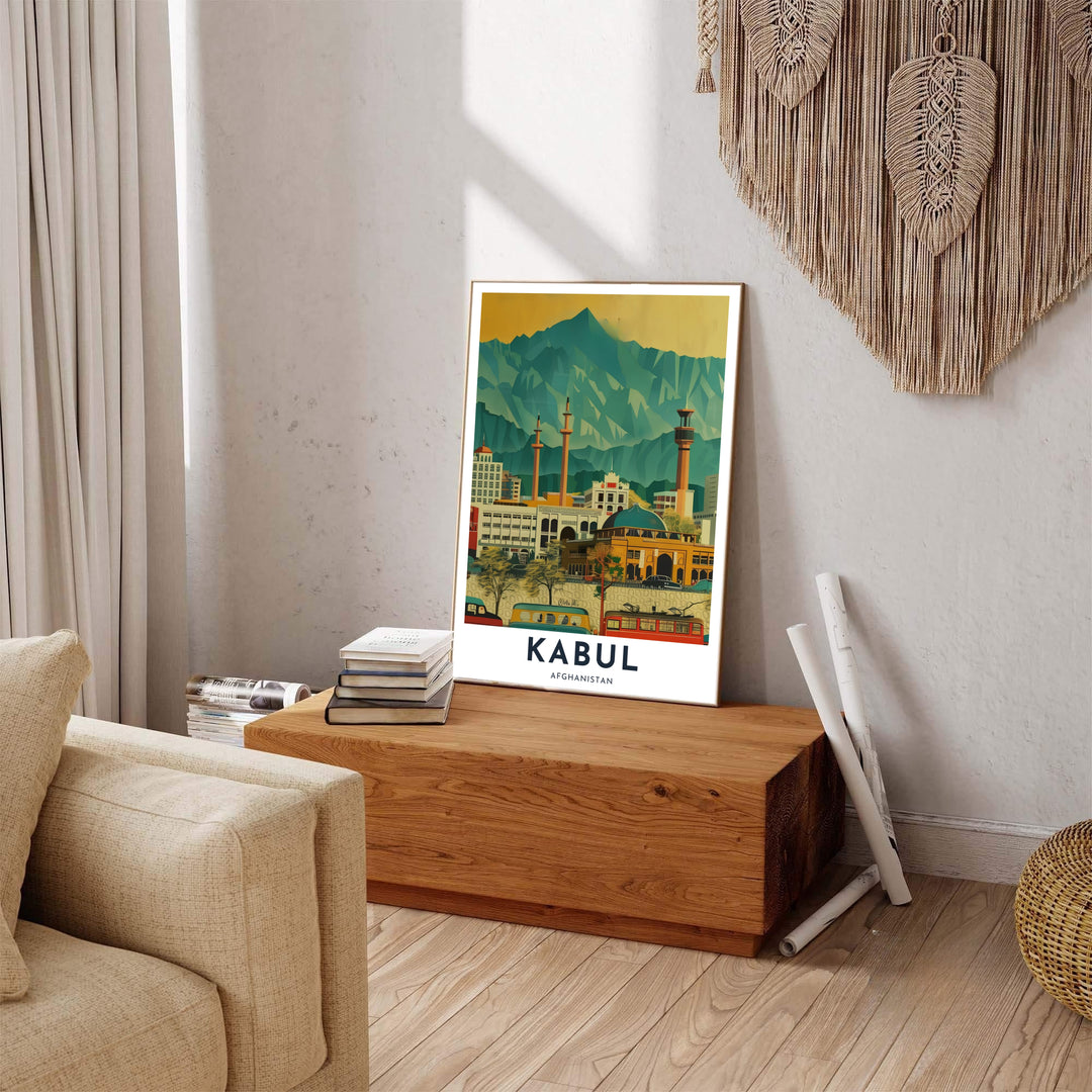 Retro urban art print of Kabul, Afghanistan, showcasing traditional mosque architecture, busy avenues, and dramatic mountain lines. Presented by MapYourDreams as an unframed paper print, a gallery canvas wall decor piece, or a custom framed wall art item in grey and black frame options.