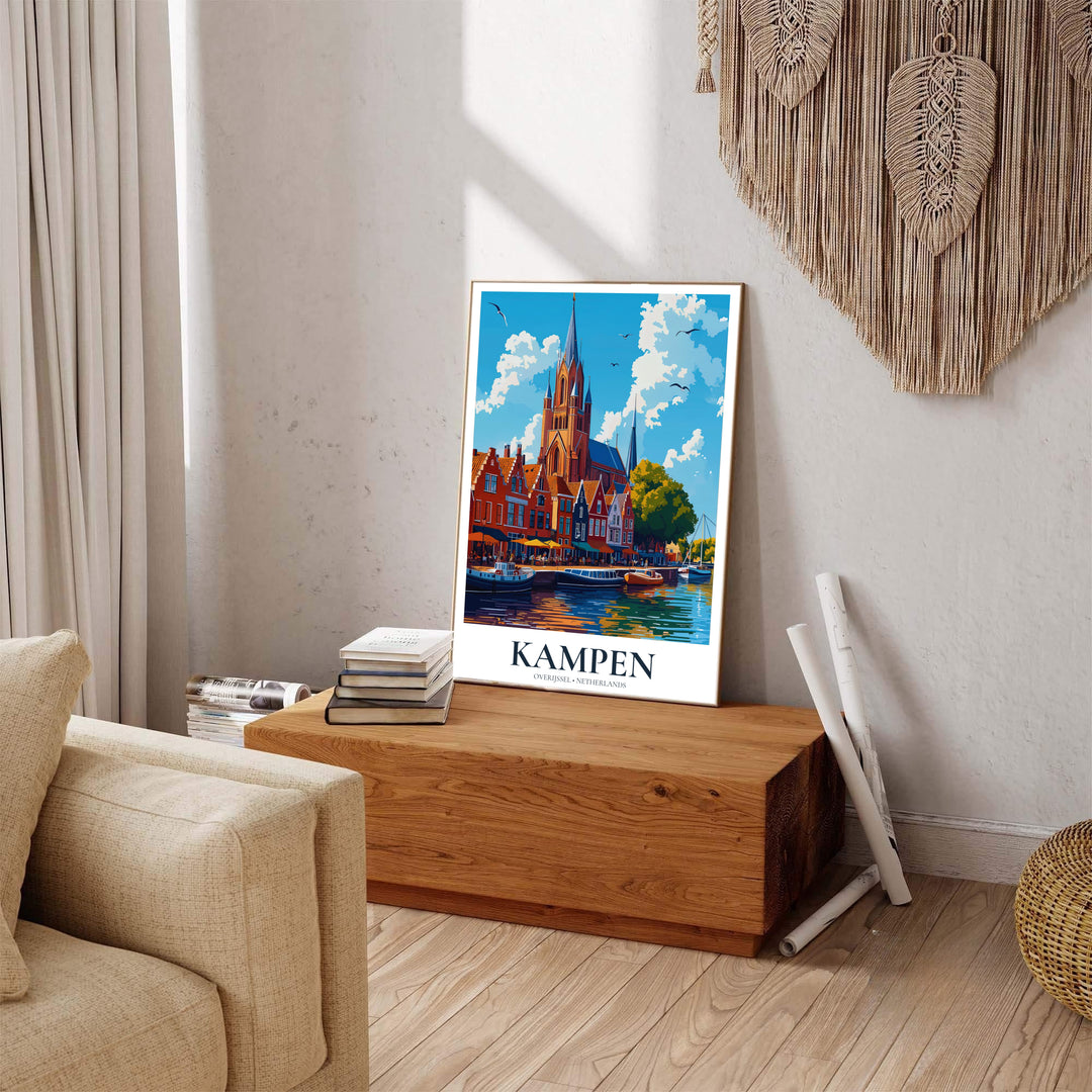 Rustic Dutch town print of Kampen Overijssel Netherlands rendered in clean vector color blocks and bright blue skies, produced by MapYourDreams with options including fine art unframed paper, stretched canvas, or custom framed decor to elevate living room gallery arrangements.