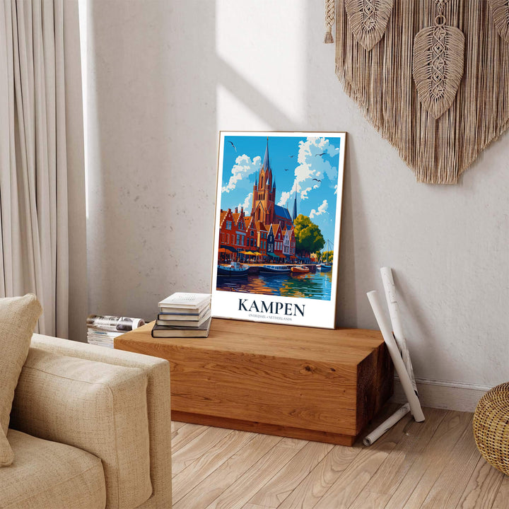 Rustic Dutch town print of Kampen Overijssel Netherlands rendered in clean vector color blocks and bright blue skies, produced by MapYourDreams with options including fine art unframed paper, stretched canvas, or custom framed decor to elevate living room gallery arrangements.