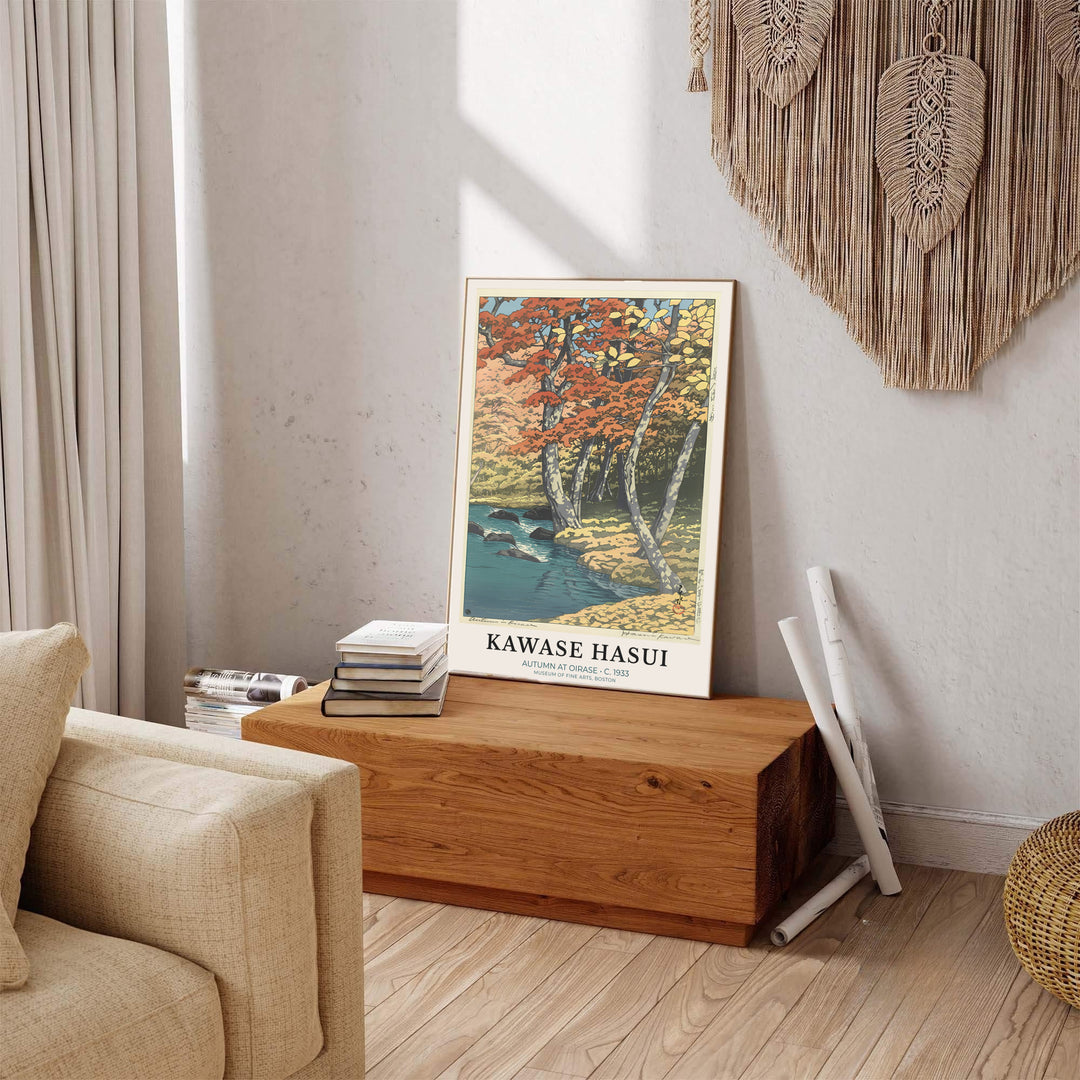 Vintage oriental nature art showing Autumn at Oirase print by artist Kawase Hasui inspired by Japanese travel art at Oirase Mountain Stream. Explore ready-to-hang framed, unframed paper, and gallery canvas wall decor at MapYourDreams.
