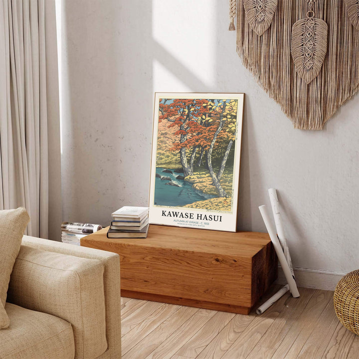 Vintage oriental nature art showing Autumn at Oirase print by artist Kawase Hasui inspired by Japanese travel art at Oirase Mountain Stream. Explore ready-to-hang framed, unframed paper, and gallery canvas wall decor at MapYourDreams.