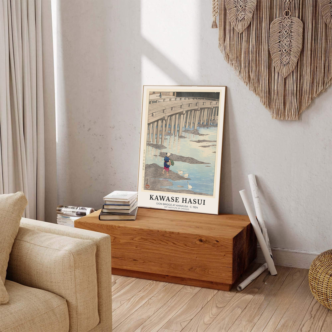 Vintage oriental bridge art showing Gion Bridge at Amakusa print by artist Kawase Hasui inspired by Japanese travel art at Gion Bridge in Amakusa. Explore ready-to-hang framed, unframed paper, and gallery canvas wall decor at MapYourDreams.