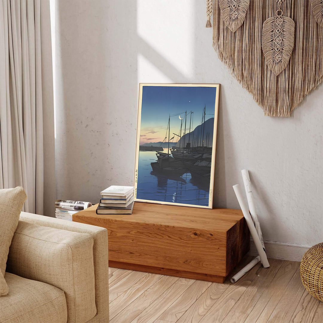 Vintage oriental harbor art showing Morning in Beppu print by artist Kawase Hasui inspired by Japanese travel art at Morning in Beppu. Explore ready-to-hang framed, unframed paper, and gallery canvas wall decor at MapYourDreams.