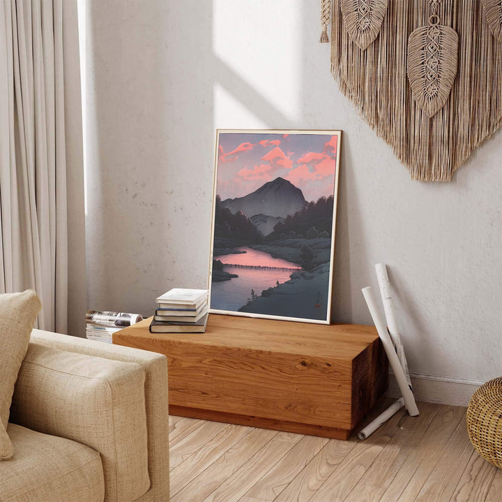 Vintage oriental sunset art showing Sunset at Oirase print by artist Kawase Hasui inspired by Japanese travel art at Sunset at Oirase. Explore ready-to-hang framed, unframed paper, and gallery canvas wall decor at MapYourDreams.
