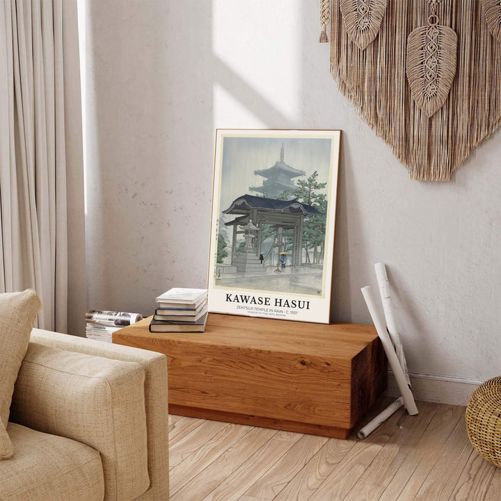 Vintage oriental rain art showing Zentsuji Temple print by artist Kawase Hasui inspired by Japanese travel art at Zentsuji Temple. Explore ready-to-hang framed, unframed paper, and gallery canvas wall decor at MapYourDreams.