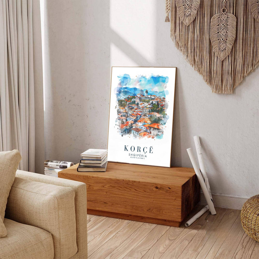 Winding hillside streets and stacked terracotta buildings line Korçë Old Town, where warm roof tiles mirror the richness of local cultural history. Offered by MapYourDreams in tailored options including unframed paper, framed presentations, and canvas wraps.