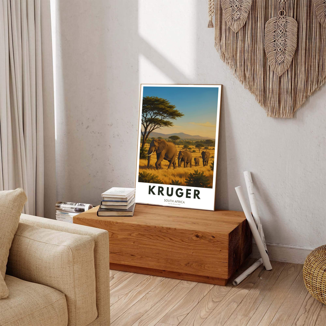 Richly detailed African safari print showcasing wild elephants walking through Kruger National Park&