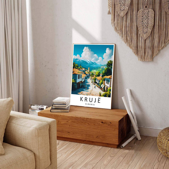 Winding hillside streets and stacked terracotta buildings line Krujë Old Bazaar, where warm roof tiles mirror the richness of local history. Offered by MapYourDreams in tailored options including unframed paper, framed presentations, and canvas wraps.