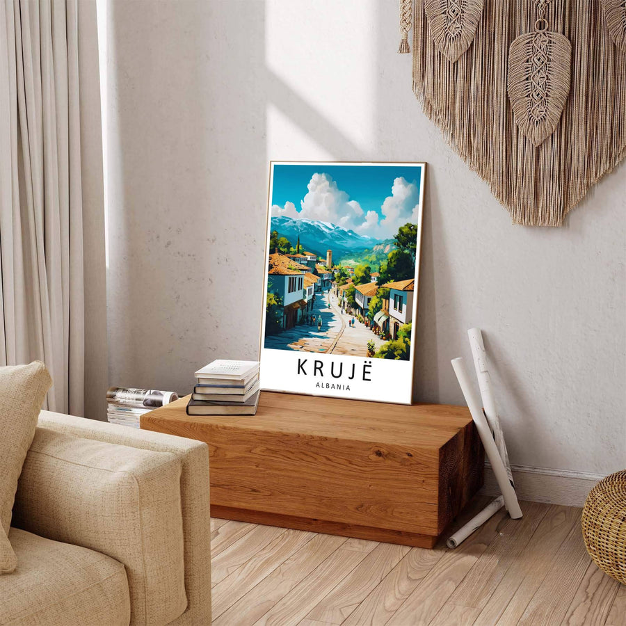Winding hillside streets and stacked terracotta buildings line Krujë Old Bazaar, where warm roof tiles mirror the richness of local history. Offered by MapYourDreams in tailored options including unframed paper, framed presentations, and canvas wraps.