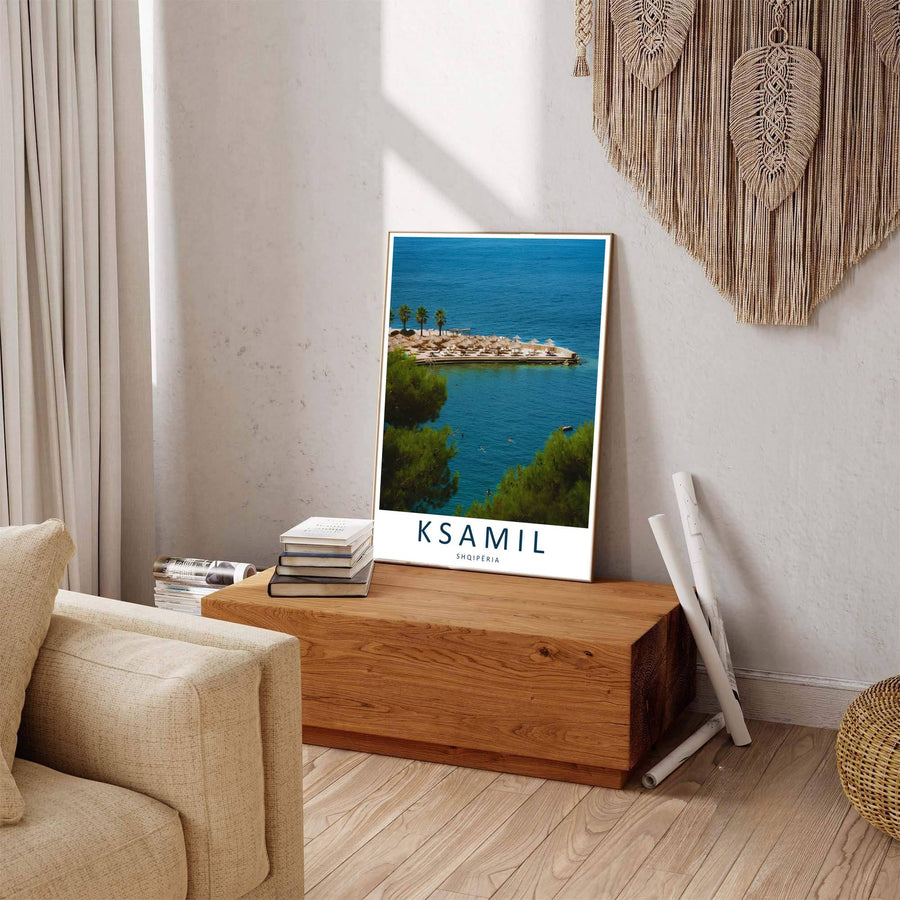 Winding shoreline paths and stacked resort buildings line Ksamil beach, where warm water tones mirror the brightness of Mediterranean sunlight. Offered by MapYourDreams in tailored options including unframed paper, framed presentations, and canvas wraps.