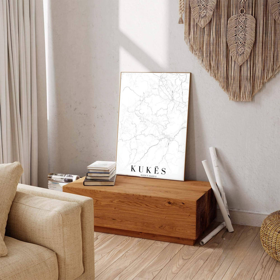 Celebrating the rural mountain charm of Kukës, this cartographic art print turns complex road data into modern wall decor. Select your ideal display presentation, including unframed fine art paper, wood frames, or gallery canvas wraps.