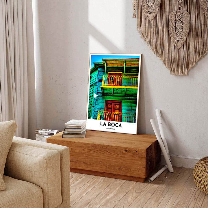 Modern travel artwork featuring a high-contrast photograph of El Caminito&