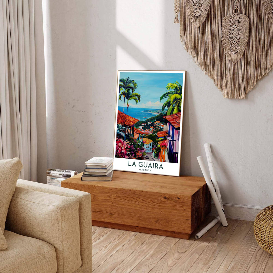Beautiful South American landmark wall decor displaying the terracotta rooftops and cerulean blue sea of La Guaira. Available through MapYourDreams, this print accommodates various display preferences, including unframed art paper, framed prints, or canvas wraps.