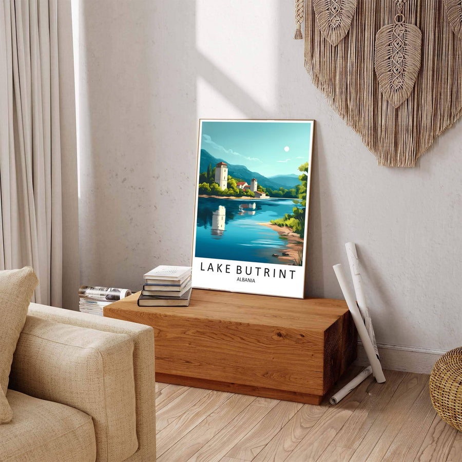 Winding shoreline paths and historic stone buildings line Lake Butrint, where tranquil water reflections mirror the brightness of morning sunlight. Offered by MapYourDreams in tailored options including unframed paper, framed presentations, and canvas wraps.