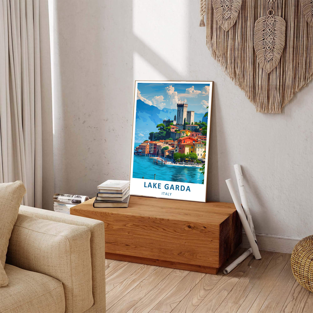 A bright travel graphic of Lake Garda in Northern Italy showcasing the village of Malcesine, filled with colorful pastel houses, blue water, and a towering stone castle; customized to fit your interior space as an unframed poster, premium canvas print, or framed wall display.