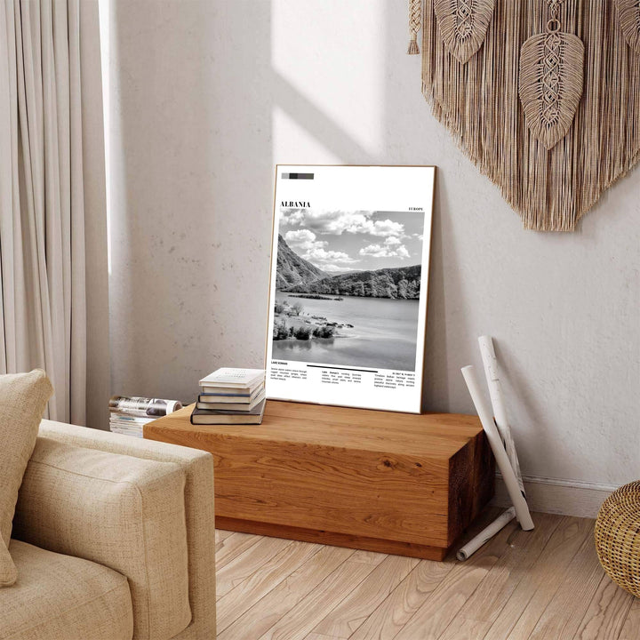 Winding waterway paths and steep mountain slopes define the landscape of Lake Koman, where grayscale tones create a calming visual rhythm. Offered by MapYourDreams in tailored options including unframed paper, framed presentations, and canvas wraps.