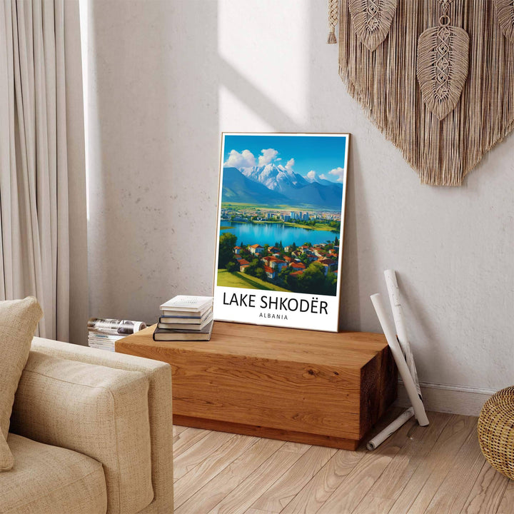 Winding shoreline paths and historic town rooftops line Lake Shkodër, where tranquil water reflections mirror the brightness of morning sunlight. Offered by MapYourDreams in tailored options including unframed paper, framed presentations, and canvas wraps.