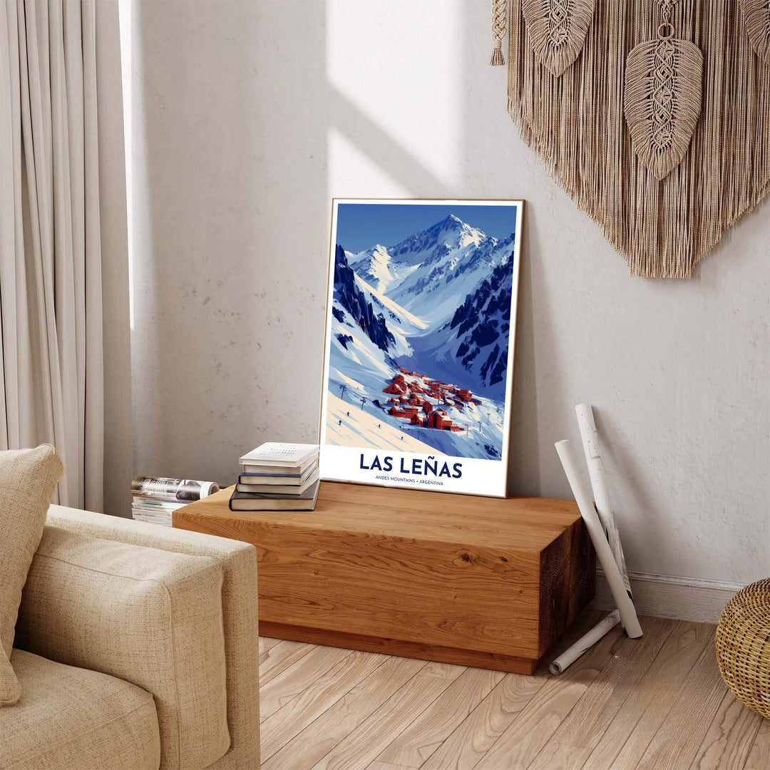 Beautiful South American mountain wall decor displaying the high-altitude ski slopes and orange chalets of Las Leñas. Available through MapYourDreams, this print accommodates various display preferences, including unframed art paper, framed prints, or canvas wraps.