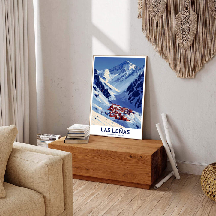 Beautiful South American mountain wall decor displaying the high-altitude ski slopes and orange chalets of Las Leñas. Available through MapYourDreams, this print accommodates various display preferences, including unframed art paper, framed prints, or canvas wraps.