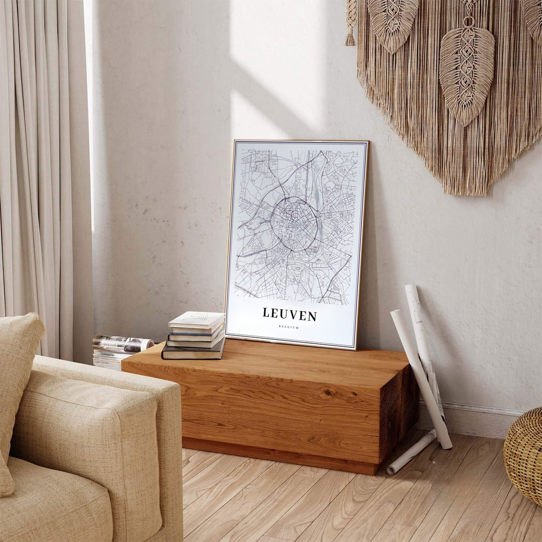 Captivating monochrome city map decor detailing the historic street layout of Leuven, Belgium. Available across multiple options including unframed art paper, custom framed poster styles, and gallery canvas wall displays.