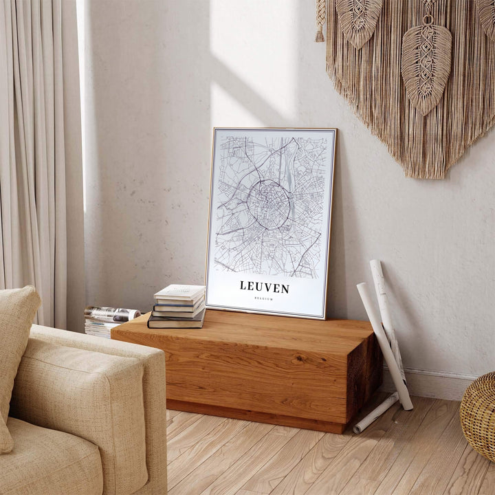 Captivating monochrome city map decor detailing the historic street layout of Leuven, Belgium. Available across multiple options including unframed art paper, custom framed poster styles, and gallery canvas wall displays.