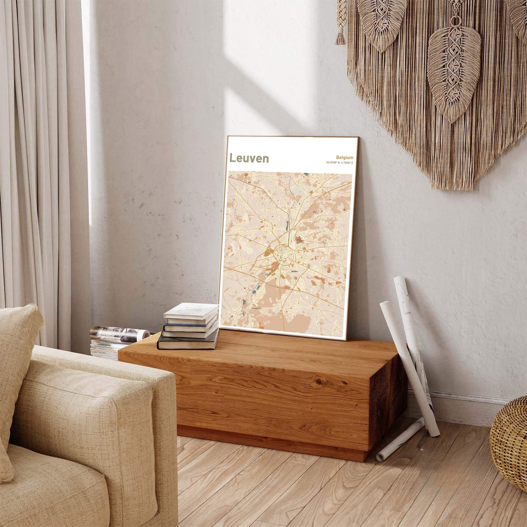 Captivating terracotta city map decor detailing the historic street layout of Leuven, Belgium. Available across multiple options including unframed art paper, custom framed poster styles, and gallery canvas wall displays.