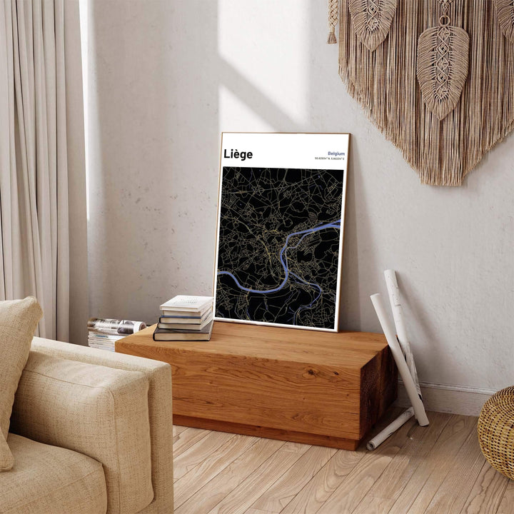 Captivating dark mode city map decor detailing the historic Wallonian street layout of Liège, Belgium. Available across multiple options including unframed art paper, custom framed poster styles, and gallery canvas wall displays.