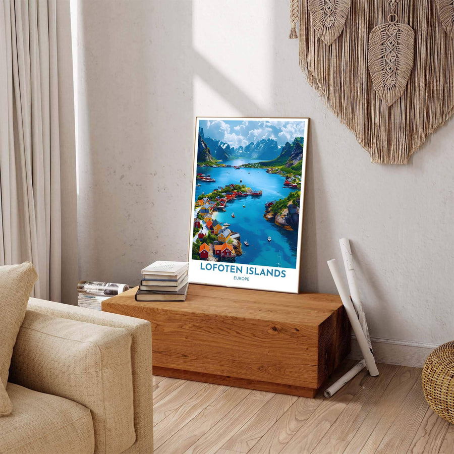 Scenic Henningsvaer poster displaying Lofoten archipelago artwork with clean typography and vivid blue sky contrast at the bottom. Offered by MapYourDreams, this artwork is available in flexible options including unframed paper, custom wooden frames, and gallery canvas wraps to enhance any wall space.