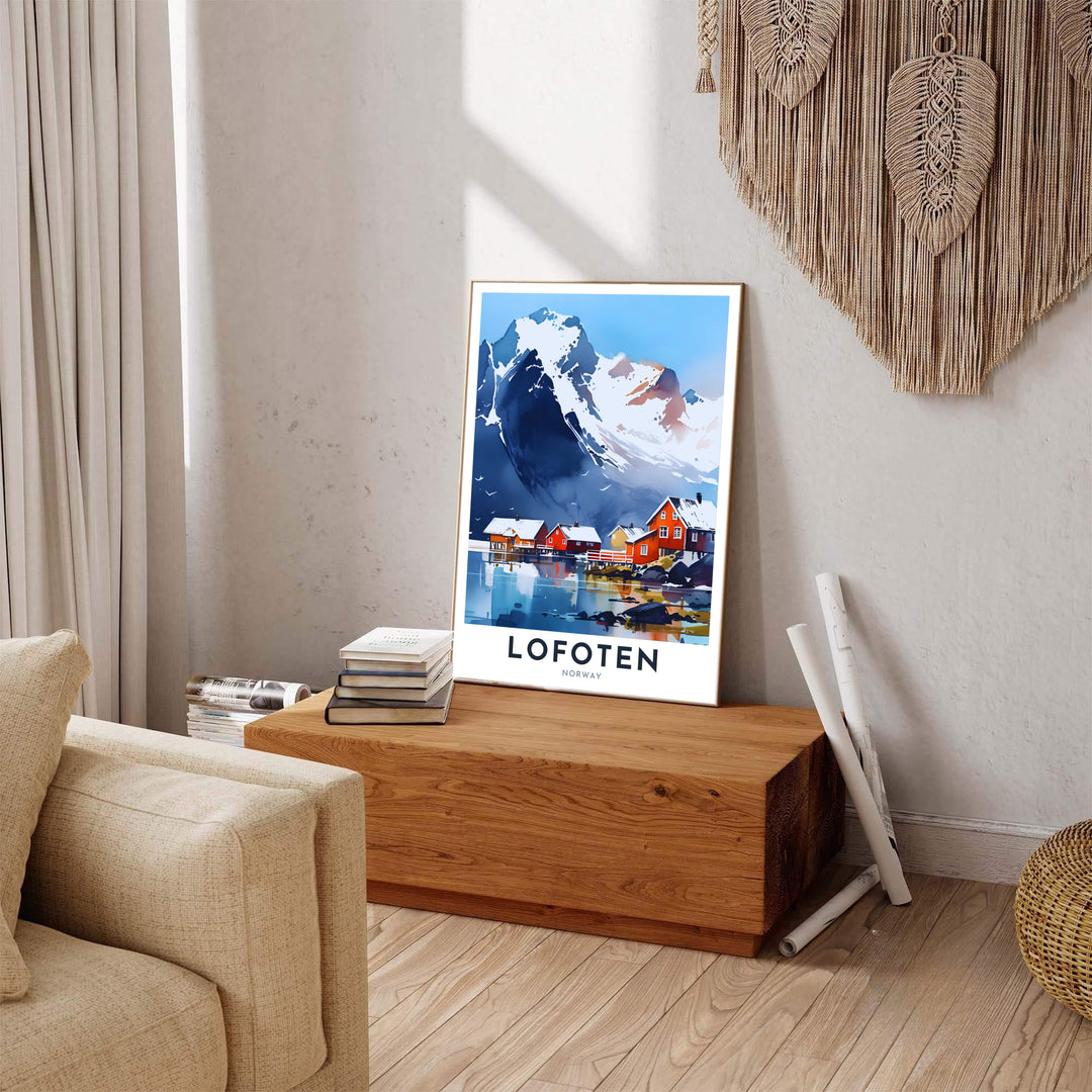 Crisp watercolor travel poster of Lofoten Norway featuring soft mountain washes, blue fjord reflections, and crimson shoreline cabins. Carefully produced for lasting beauty, this wall art selection includes versatile options like unframed art paper, solid wood framed prints, and textured canvas stretchers.