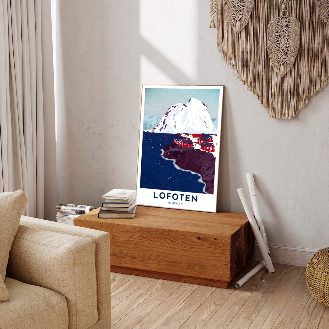 Crisp vector travel poster of Lofoten Norway featuring falling snow, deep navy water, and crimson shoreline cabins. Carefully produced for lasting quality, this wall art selection includes versatile options like unframed art paper, solid wood framed prints, and textured canvas stretchers.