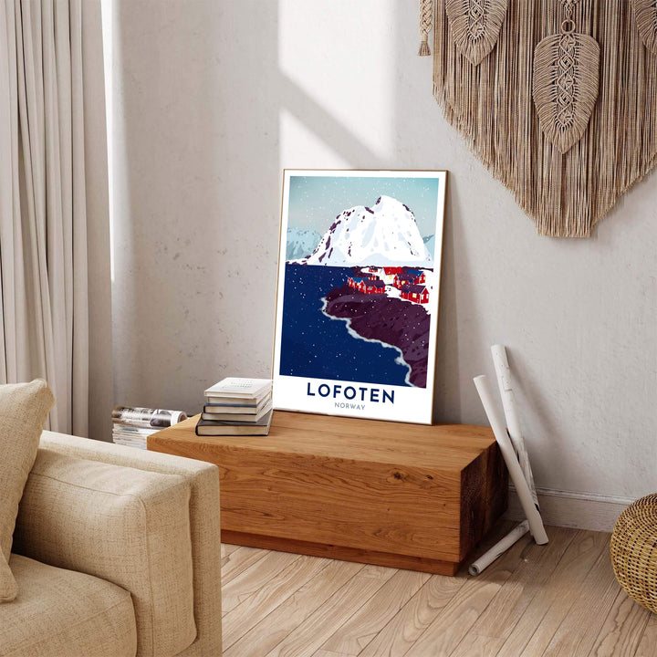 Crisp vector travel poster of Lofoten Norway featuring falling snow, deep navy water, and crimson shoreline cabins. Carefully produced for lasting quality, this wall art selection includes versatile options like unframed art paper, solid wood framed prints, and textured canvas stretchers.