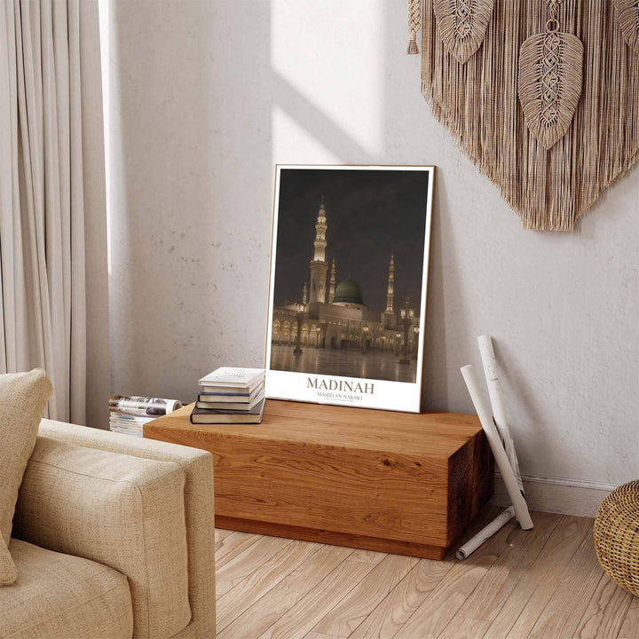 Scenic Madinah poster displaying Prophet Mosque night artwork with clean typography and geographic coordinate details at bottom. Offered by MapYourDreams, this artwork is available in flexible options including unframed paper, custom wooden frames, and gallery canvas wraps to enhance any wall space.