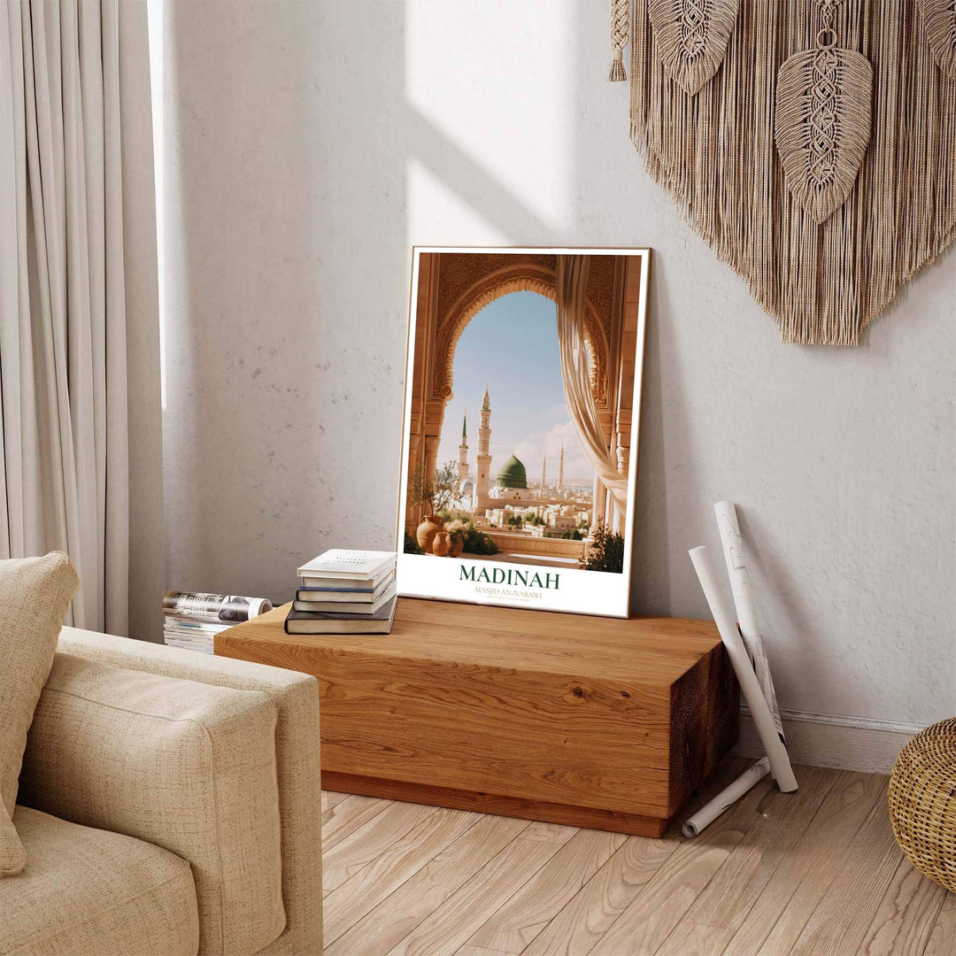 Scenic Madinah poster displaying Prophet Mosque arch view artwork with clean typography and geographic coordinate details at bottom. Offered by MapYourDreams, this artwork is available in flexible options including unframed paper, custom wooden frames, and gallery canvas wraps to enhance any wall space.