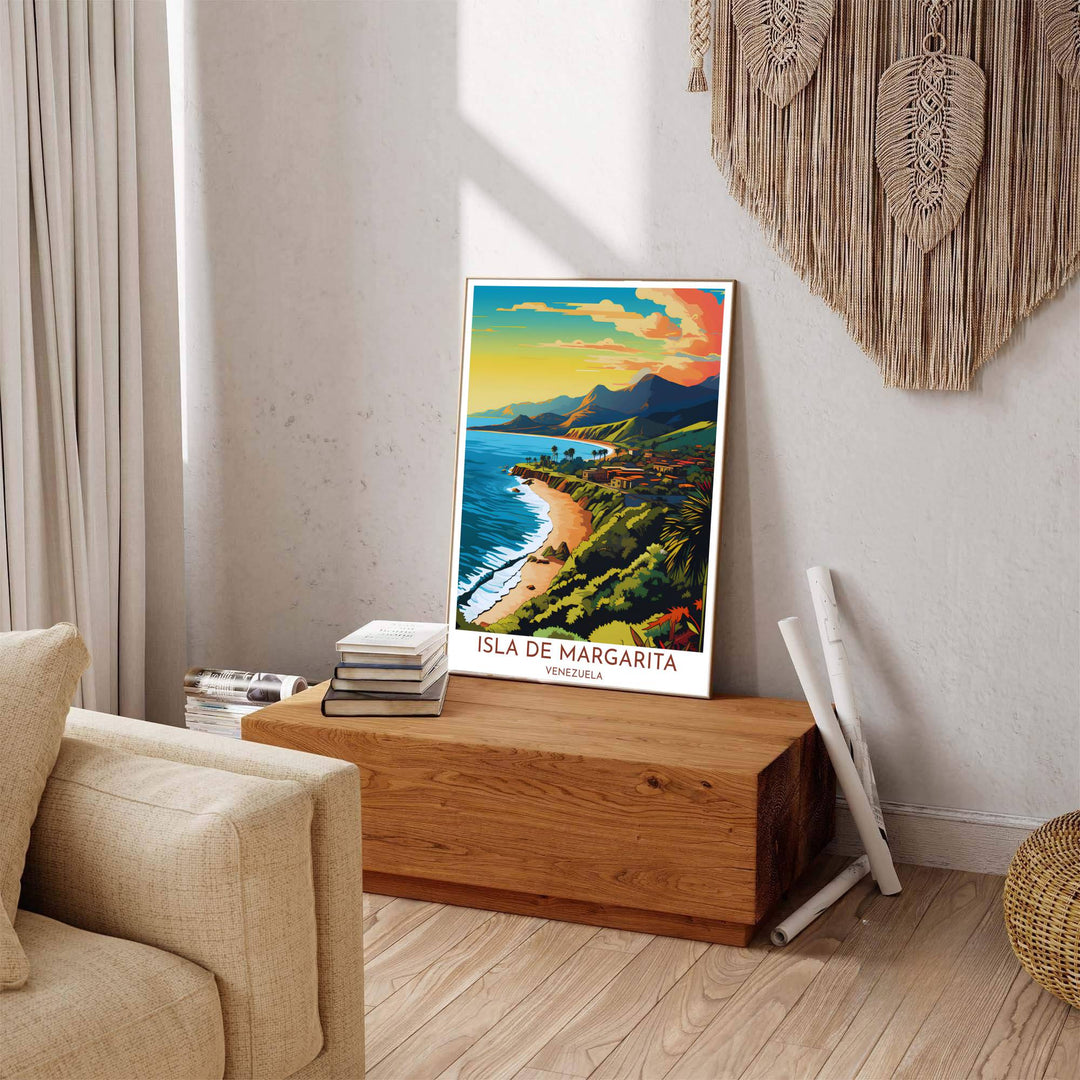 Beautiful South American landmark wall decor displaying the turquoise Caribbean waters and coastal cliffs of Margarita Island. Available through MapYourDreams, this print accommodates various display preferences, including unframed art paper, framed prints, or canvas wraps.
