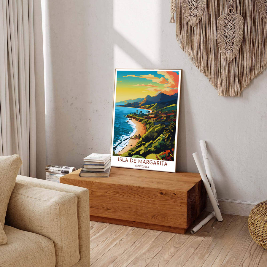 Beautiful South American landmark wall decor displaying the turquoise Caribbean waters and coastal cliffs of Margarita Island. Available through MapYourDreams, this print accommodates various display preferences, including unframed art paper, framed prints, or canvas wraps.