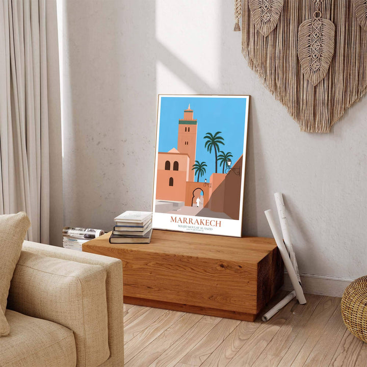 Scenic Marrakech poster displaying Kasbah Mosque vector artwork with clean typography and coordinate details at bottom. Offered by MapYourDreams, this artwork is available in flexible options including unframed paper, custom wooden frames, and gallery canvas wraps to enhance any wall space.