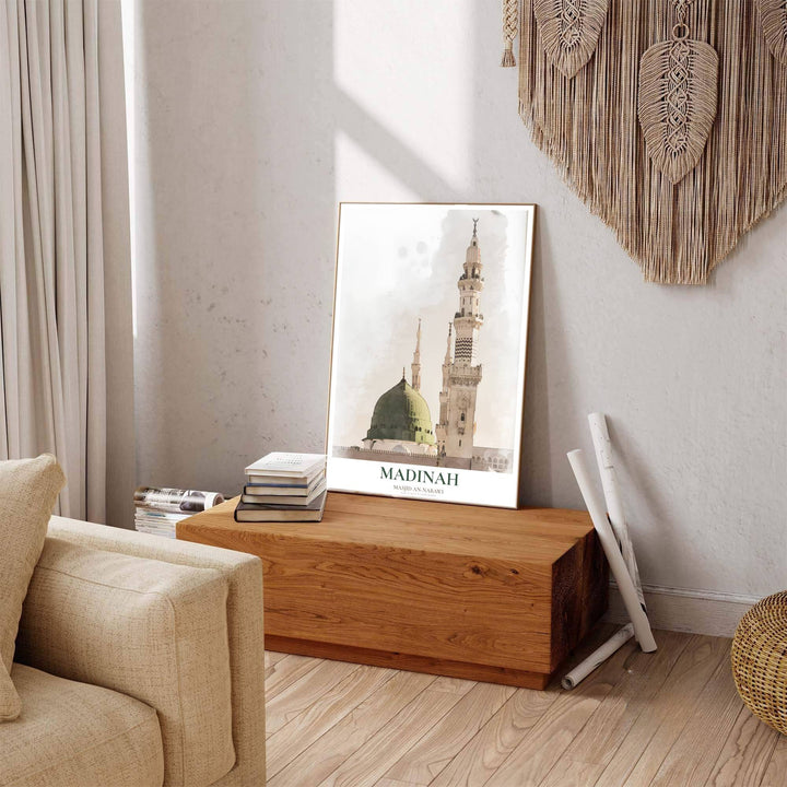 Scenic Medina poster displaying Prophet Mosque watercolor artwork with clean typography and geographic coordinate details at bottom. Offered by MapYourDreams, this artwork is available in flexible options including unframed paper, custom wooden frames, and gallery canvas wraps to enhance any wall space.